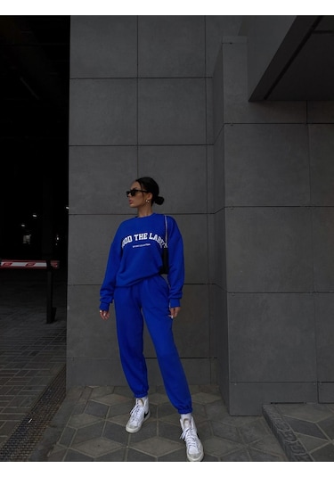 Mood The Label Sport Collection %100 Pamuk Eşofman Takımı - Sax Mavi Kışlık Polarlı Bisiklet Yaka Saks Mavi