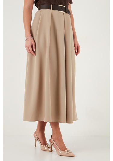 Lela Modest Kemerli Comfort Fit Yüksek Bel Pileli Kloş Uzun Tesettür Bayan Etek 6833360 Camel