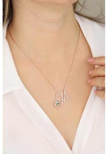 Renkli Gözlü Gümüş Harf Kolye - M