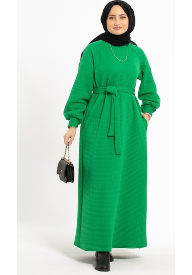 Capitone Elbise - Yeşil-1391-kiremit Kiremit