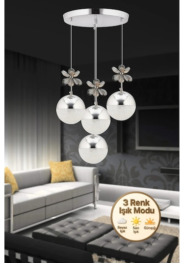 Kelebek 4'lü Gümüş Sarkıt 3 Renk Kademeli Ledli Kristal Taşlı Modern Led Avize Krom