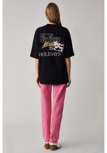 CAITLYN Kadın Oversize Bisiklet Yaka Siyah T-Shirt