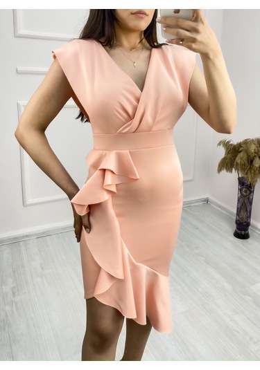 Supplierby Scuba Kumaş Önü Fırfırlı Midi Boy Elbise Somon