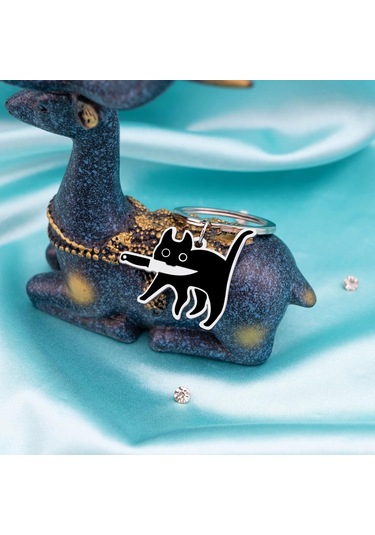 Geeksen Kedi Figürlü Anahtarlık - Siyah Bıçaklı Köpekbalığı Desenli, Unisex Dekoratif Hediyelik Aksesuar