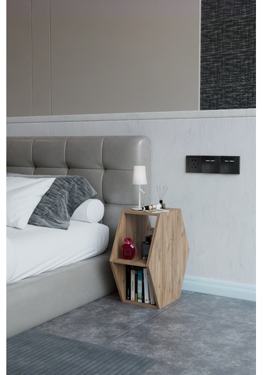 Alpa Ev Mobilya Altıgen Komodin, Modern Başucu Sehpası, Dekoratif Raflı Komodin Kitaplık Atlantik Çam