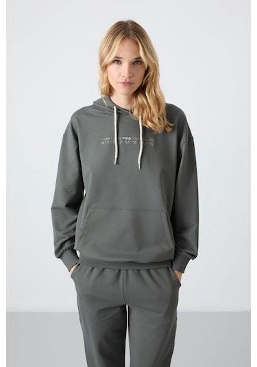 Tommy Life Çağla Kapüşonlu Kanguru Cep Oversize Lastik Paça Kadın Eşofman Takımı - 95288 Çağla