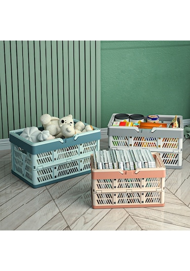 Sones 30,5x20,5x16,5 Cm Plastik Katlanır Saklama Sepeti Alışveriş Sepeti Kamp Saklama Kutusu Saplı Mavi