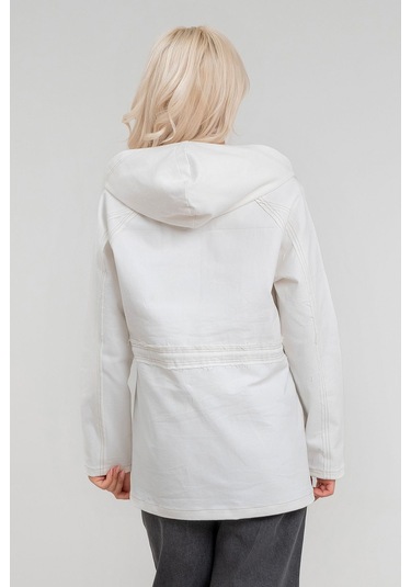 Kadın Power Likralı Pamuklu Kumaş Kapişonlu Fermuarlı Kordonlu Pis Dikişli Mont Ekru