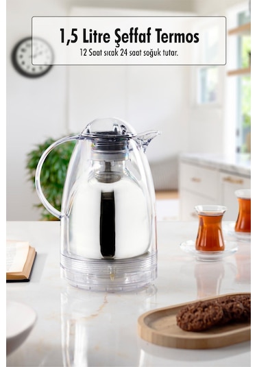 1.5 Lt Isı Yalıtımlı Çay Ve Soğuk Su Termosu Şeffaf 12 Saat Sıcak Tutar& İçi Camdır Çok Renkli