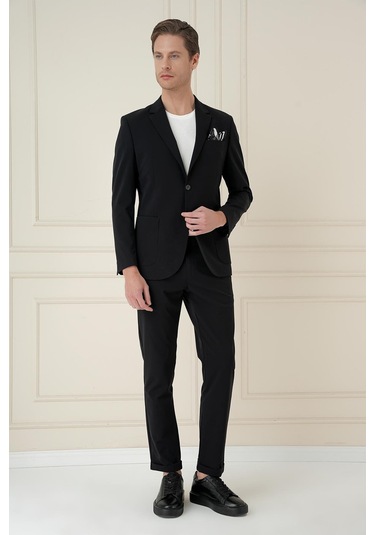 Slim Fit Torba Cep Esnek Spandex Karışımlı Düz Siyah Blazer Ceket C 696 Siyah