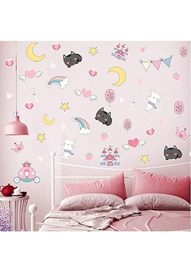 Karikatür Hayvan Bayrak Duvar Sticker Pvc Kendinden Yapışkanlı Çıkarılabilir Kendin Yap Tavşan Kedi Duvar Sticker Bebek Odası Dekorasyonu G77 Y67cm Şeffaf