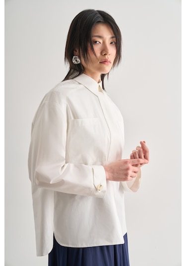 Mizalle Premium Saf Pamuk Oversize Ekru Ceket Gömlek Ekru