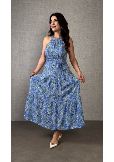 The İstanbul Kadın Omuzlardan Açık Boyundan Geçmeli Desenli Süprem Bluz Mavi