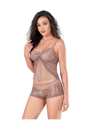 Vizon Jakarlı Babydoll Şort Takımı Vizon