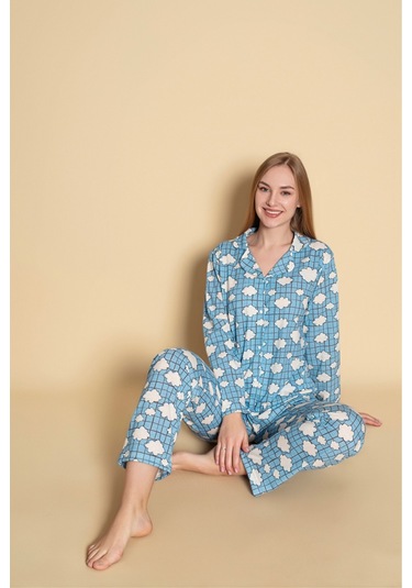 Kadın Gömlek Bulut Desenli Uzun Kol Pijama Takımı Mavi