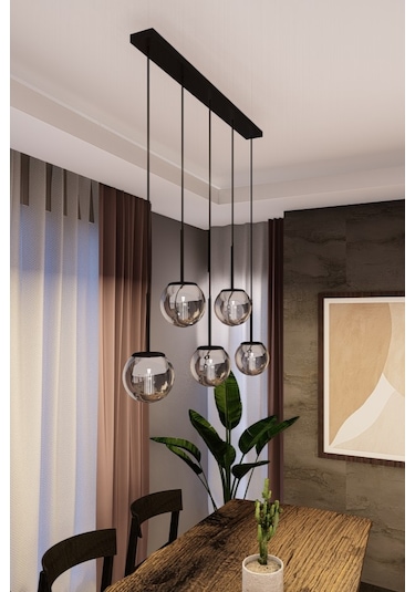 Dora Siyah Metal Gövdeli 5'li Füme Cam Avize