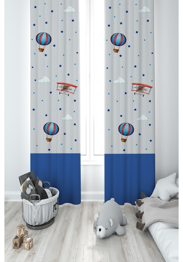 Mekta Home Bebek Ve Çocuk Odası Uçak Ve Uçan Balon Desenli 2 Kanat Fon Perde