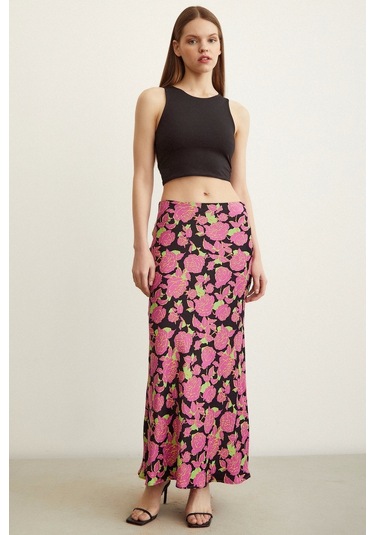 Never More Gül Desenli Saten Etek Pembe