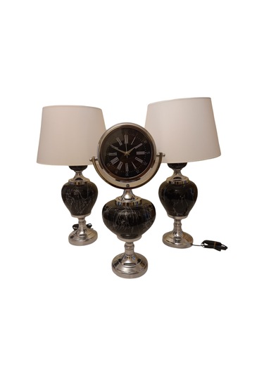 2'li Abajurlu Saatli Set Dekoratif Analog Saat - Siyah Siyah