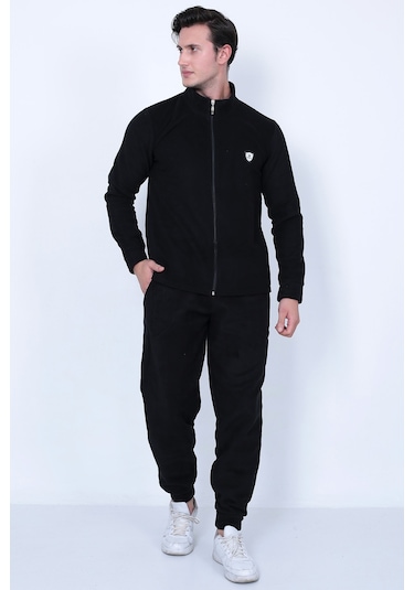 Lukitus Tam Fermuarlı Polar Erkek Eşofman Takımı - Siyah