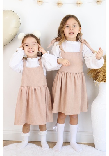 Fitilli Kadife Elbise İkili Takım Bej