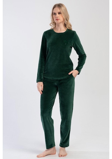 Kadın Kadife Uzun Kol Yeşil Pijama Takım C3t8n0o304 001