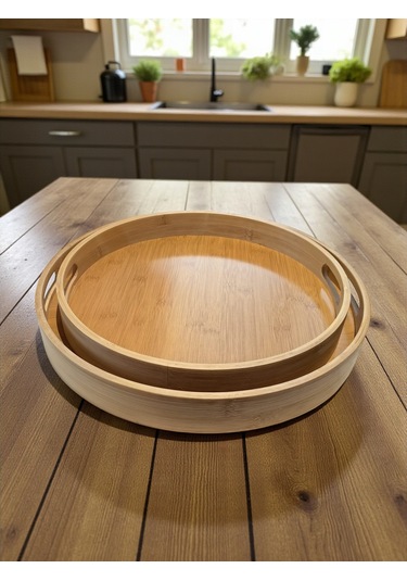 Mybru Yuvarlak Bambu Tepsi 2'li Set Ahşap