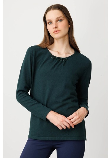 Kadın Sıfır Yaka Dantel Çiçek İşlemeli Ligralı Bluz Yeşil Yeşil