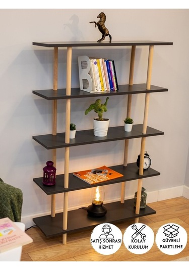 5 Raflı Modern Dekoratif Kitaplık Klasörlük Mutfak Rafı Kiler Çok Amaçlı Düzenleyici Raf - Antrasit