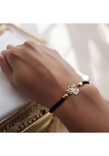 U Harfine Özel Mevlana Motifli Örgü İpli 14 Ayar Altın Plakalı Hediye Bileklik-319harf-siyah Altın