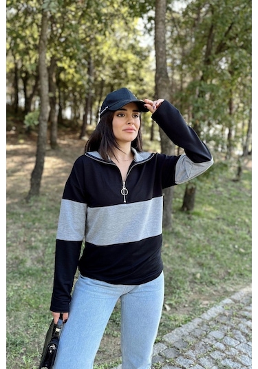 WeShaya Kadın Siyah Uzun Kol, Dik Yaka, Fermuarlı, Double Color Block Basic Sweatshirt Bluz Siyah