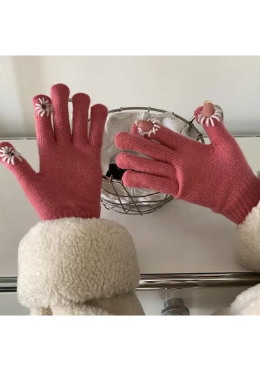 Elmpaly Yeşil Kadın Kışlık Dokunmatik Eldiven - Bisiklet Ve Dış Kullanım İçin, Şık Papatya Desenli