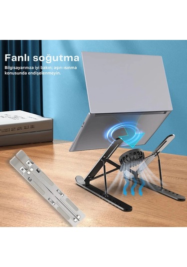 Shopytech Fanlı Katlanır Laptop Notebook Standı 7 Kademeli Yükseklik Alüminyum Alaşım 16 İnc Uyumlu