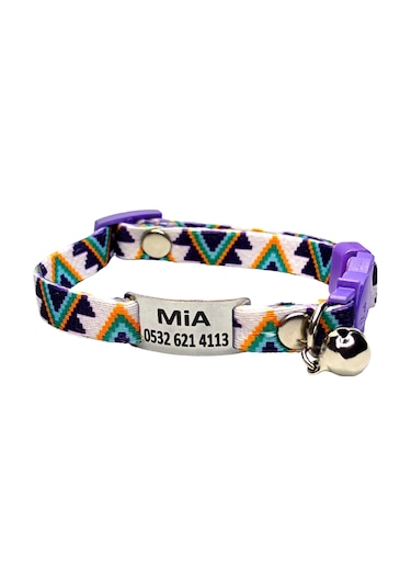 Ayz Markalama Güvenlik Kilitli İsimli Kedi Tasması Kedi Madalyon Mor Üçgen