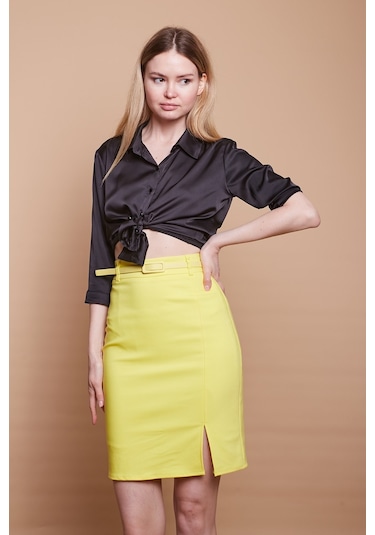 Astarlı Yüksek Bel Önden Yırtmaçlı Deri Kemerli Pamuklu Hafif Likralı Kumaş Kalem Etek Kemer Dahil -sarı - Sarı