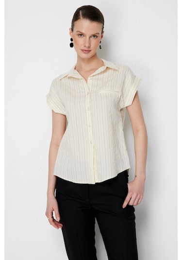 On Fashion Gömlek Çizgili Kısa Kol Krem