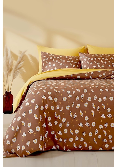 Rivaİstanbul Kahve Papatya Çift Kişilik Nevresim Takımı Pamuklu Kahve - Krem