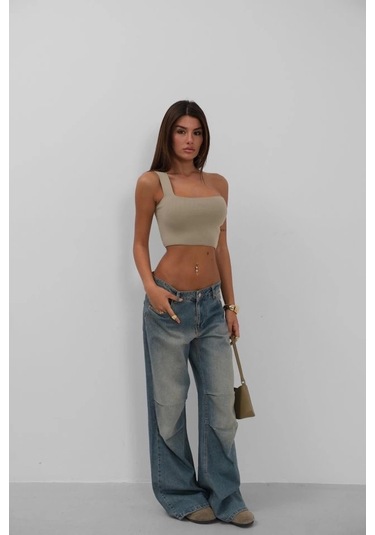 Tek Omuz Crop Bluz Bej