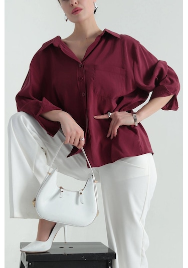Ribana Tek Cep Modal Oversize Kadın Gömlek Bordo