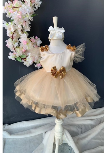 Pul Payet Fiyonklu Saten Kız Bebek Mevlütlük Elbise PNPN176