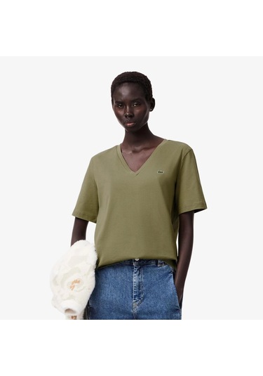 Lacoste V Yaka Organik Pamuk Bayan T-shirt Haki