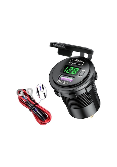 Honmex Araç Telefon Şarj Cihazı Pd+qc3.0, Voltaj Göstergeli, Anahtarlı, Mavi Işık, 60cm Kablolu Tek Qc3.0+pd