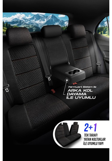 Siyah - Taba Garni Panda Dragon Serisi Dokuma Kumaş Oto Koltuk Kılıfı - Tam Set
