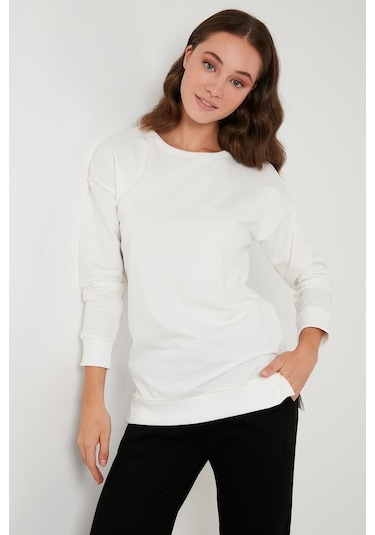 Lela Pamuklu Regular Fit Bisiklet Yaka Basic Bayan Sweat 5863569 Ekru