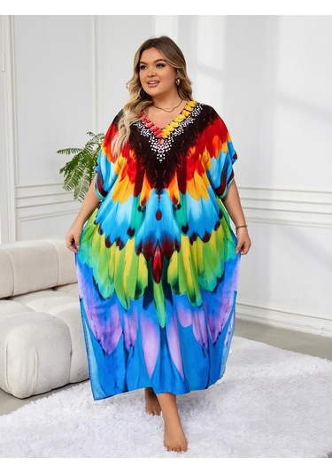 Edolynsa Şık Kadın Kaftan Bohem Renkli Bornoz Rahat Büyük Beden Moo Moo Elbise Taze Elbise Tatil Partisi Uzun Elbise Kıyafet Q1594 Çok Renkli