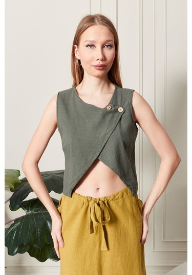 Şık Farklı Tarz Asi Keten Bluz - Modern Ve Cesur Tasarım Haki