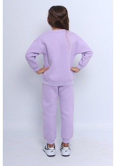 Kız Çocuk 3 İplik Eşofman Takımı Unicorn Baskılı Şeritli C25 LİLA