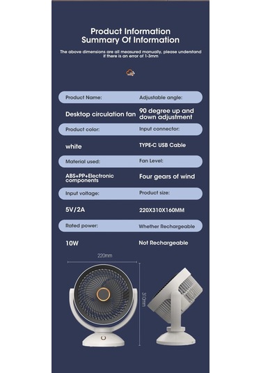 Jialan Usb Hava Sirkülasyonu Elektrikli Fan Şarj Edilebilir Masa
