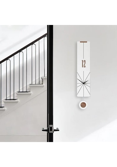 Cajuart Modern Uzun Ahşap Beyaz Çarpraz Çizgili Sarkaçlı Duvar Saati