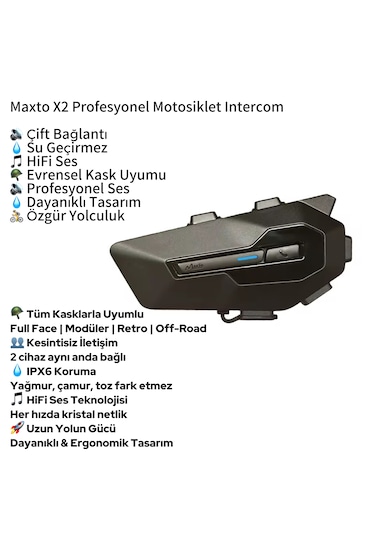 Maxto X2 Motosiklet Intercom Kulaklık Suya Dayanıklı, Gürültü Önleyici, Tüm Kasklarla Uyumlu Bluetooth Kulaklık